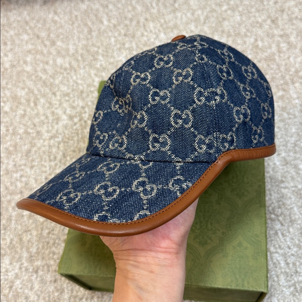 Gucci Blue Monogram Denim Baseball Cap with Brown Trim - Picture 2 of 6